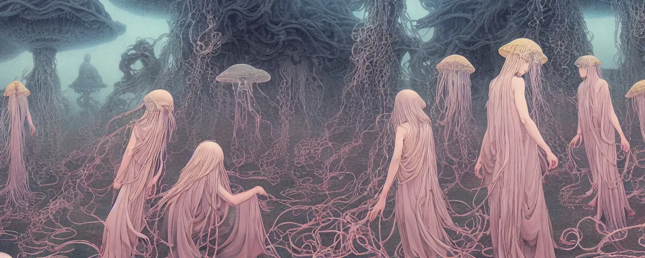 Prompt: A painting of priestesses worshipping at the jellyfish temple, shrouded in mist, jellyfish god, 8K, illustration, by Takato Yamamoto and by Stéphane Roux and artgerm and Makoto Shinkai and Mohiro Kitoh, smoke, cinematic, insanely detailed and intricate, hypermaximalist, elegant, super detailed, award-winning, mauve and cyan, mysterious, ancient, ritual, ethereal, trending in cgsociety, artstation HQ, ornate, elite, haunting, matte painting, beautiful detailed, insanely intricate details, artstation trending, octane render