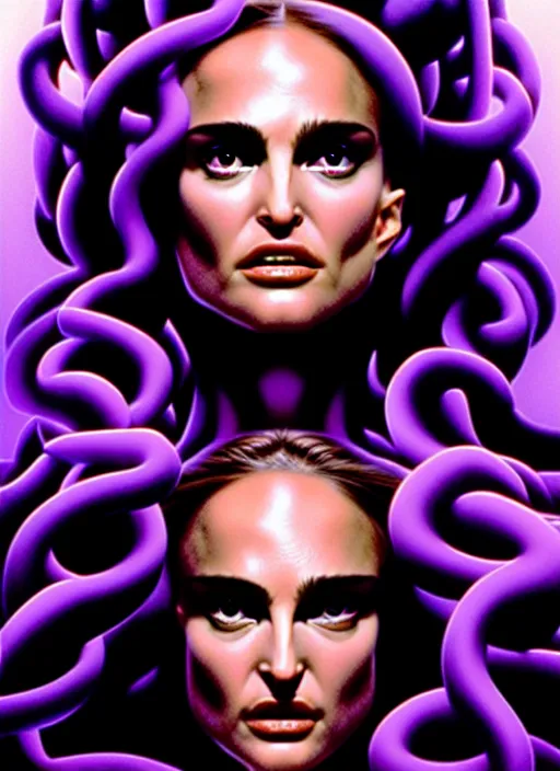 Image similar to Medusa, Natalie Portman, portrait, very detailed, dramatic lighting, electrical details, high details, 4k, 8k, trending on artstation, by Greg Rutkowski, Wayne Barlowe, Hajime Sorayama and Boris Vallejo