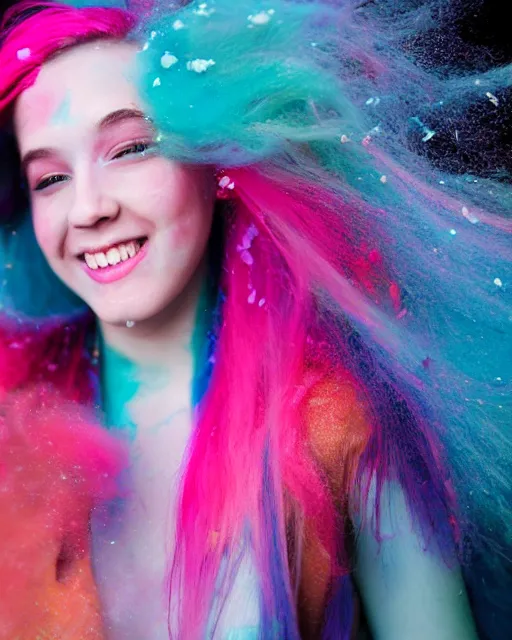 Image similar to a dramatic lighting photo of a smiling beautiful young woman with cotton candy hair. paint splashes. with a little bit of cyan and pink