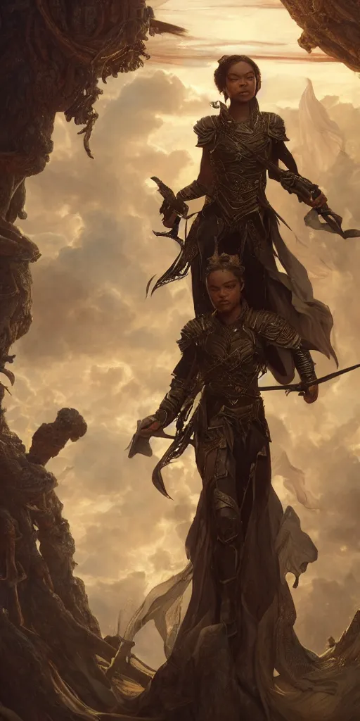 Image similar to tessa thompson, beautiful fantasy warrior princess, dungeons and dragons, masterpiece by edgar maxence and ross tran and michael whelan, gustav dore, 8 k, octane render