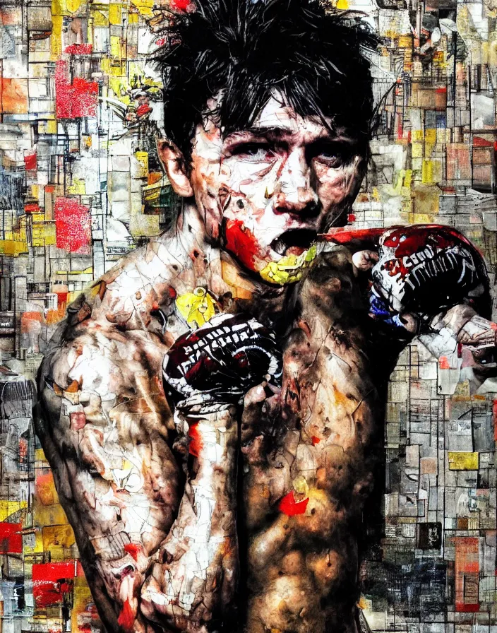 Prompt: brutal young fight club fighter action detailed analogue mixed media collage with canvas texture in style of contemporary art, punk art, hyperrealistic beautiful face, photorealism, expressionism, masterpiece, perfect composition, spectacular quality, intricate oil details, black background