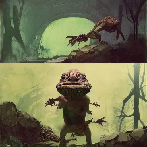 Prompt: Graffiti a gnome metamorphoses into an iguana in stages concept art by frank frazetta simon stalenhag greg rutkowski andrew wyeth niel welliver peter doig robert rauschenberg mark ryden