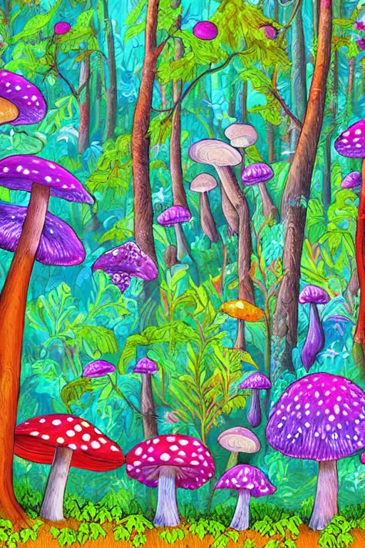 Image similar to digital painting detailed forest tree magical forest flowers mushrooms painted by Lisa frank