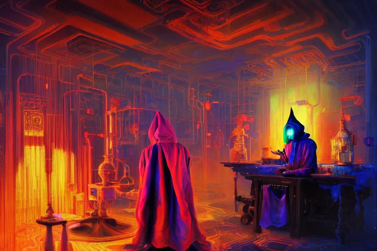 Image similar to a highly detailed beautiful masterpiece painting of a technomancer wizard in robes with pointed hood discussing sentience with his synthesized AI djinn in his laboratory near a computer by Remedios Varo and Anato Finnstark and Greg Rutkowski, dayglo pink, dayglo blue, dazzle camouflage, 8k, trending on ArtStation, rendered in Octane, volumetric lighting