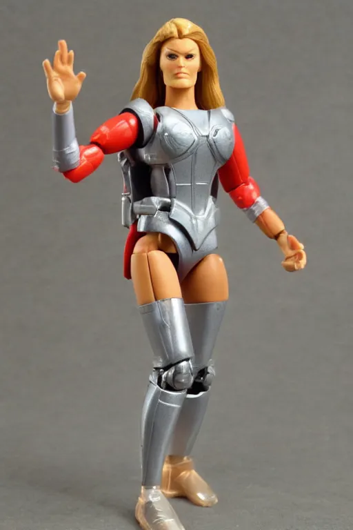 Image similar to 1 9 8 6 kenner female action figure, 5 points of articulation, perfect human female proportions, sci fi, 8 k resolution, high detail, front view, t - pose, space, star, he - man, gi joe, he man, warhammer 4 0 0 0