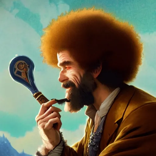 Image similar to an ultra detailed magic the gathering card of bob ross smoking a pipe and dressed as a fantasy bard, d & d, epic fantasy, concept art by alphonse mucha and greg rutkowski, octane render, 8 k, detailed face