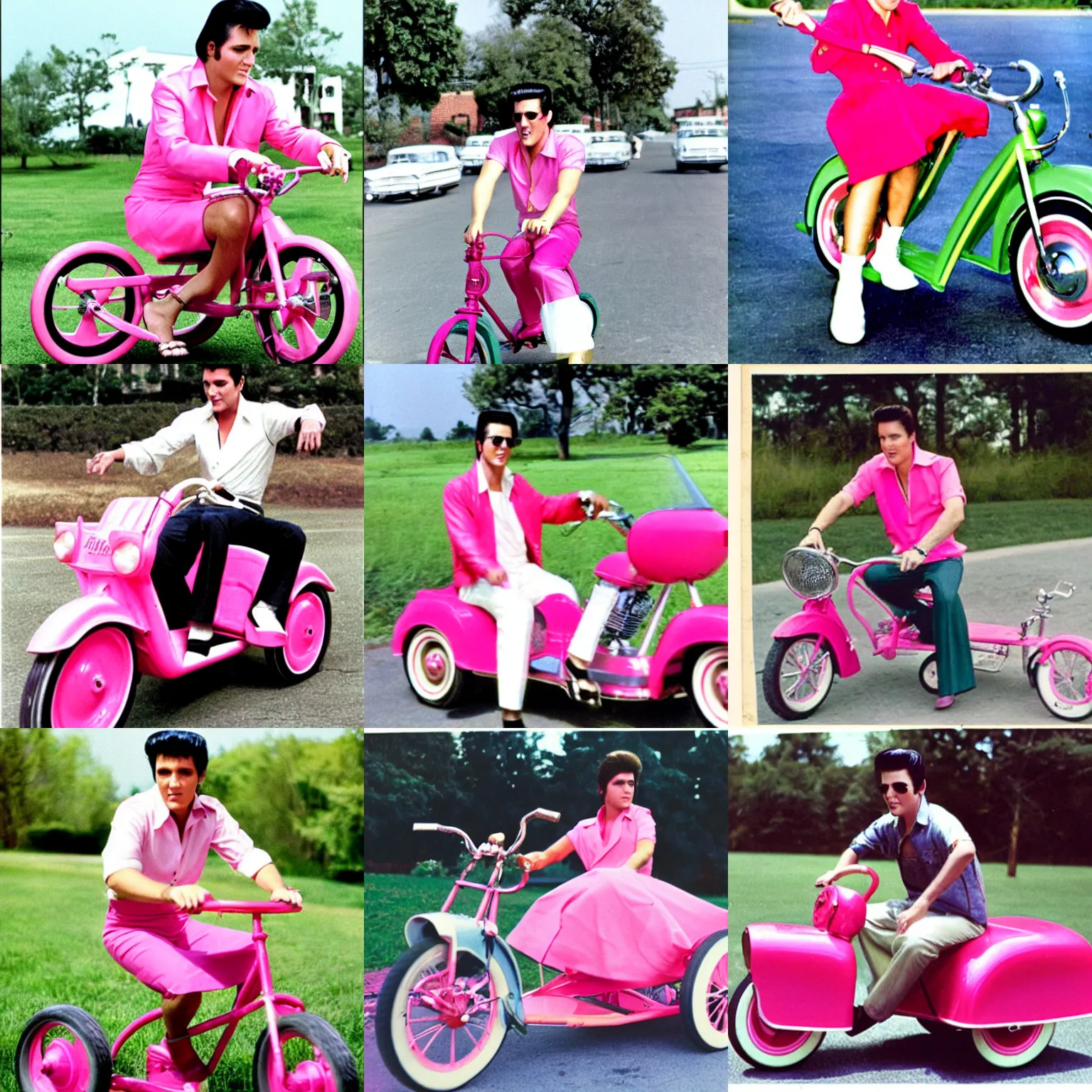 Prompt: promo photograph of Elvis Presley riding a tricycle in a short hot pink dress, summer 1957, colorized
