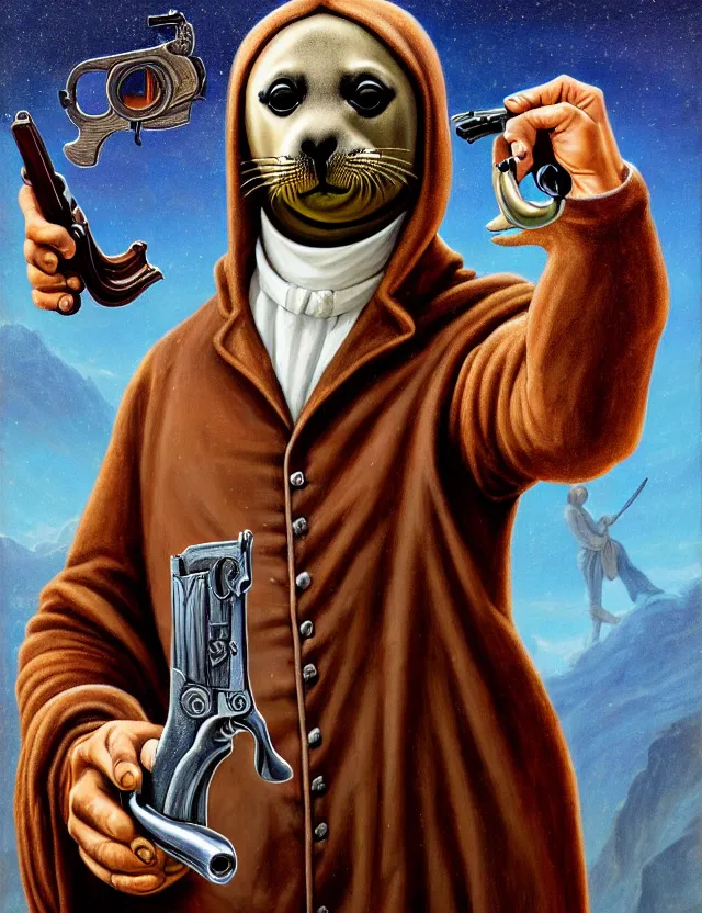 Prompt: anthropomorphic bipedal seal that is dressed as a renaissance librarian, and holding revolver pistols, as a matte oil painting and d & d character art, by alex grey, standing, fullbody, mystic, cold, jewels, concept art, award - winning, extremely detailed, sharp focus