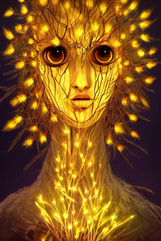 Image similar to a humanoid figure glowing dandelion plant monster, amber eyes, highly detailed, digital art, sharp focus, ambient lighting, autumn, trending on art station, anime art style