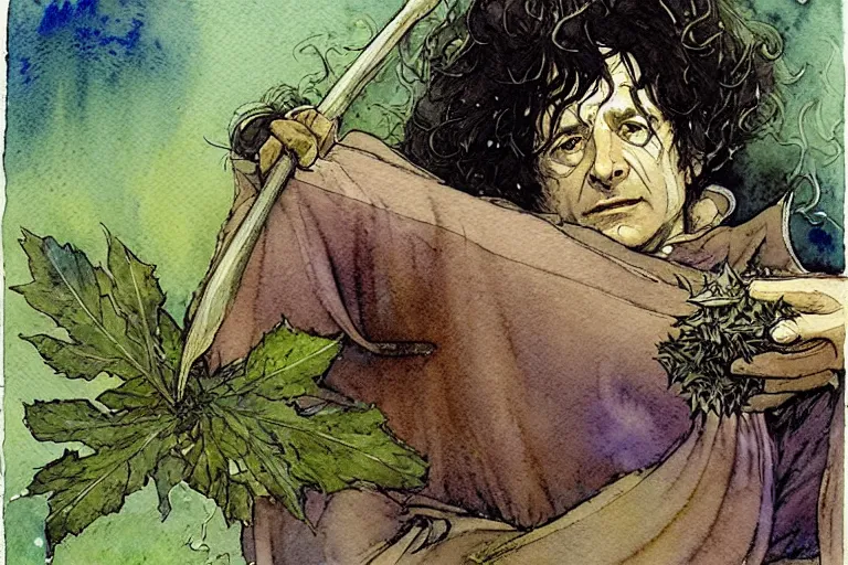 Prompt: a realistic and atmospheric watercolour fantasy character concept art portrait of bilbo baggins lying on his back freaking out with a pot leaf nearby, by rebecca guay, michael kaluta, charles vess and jean moebius giraud