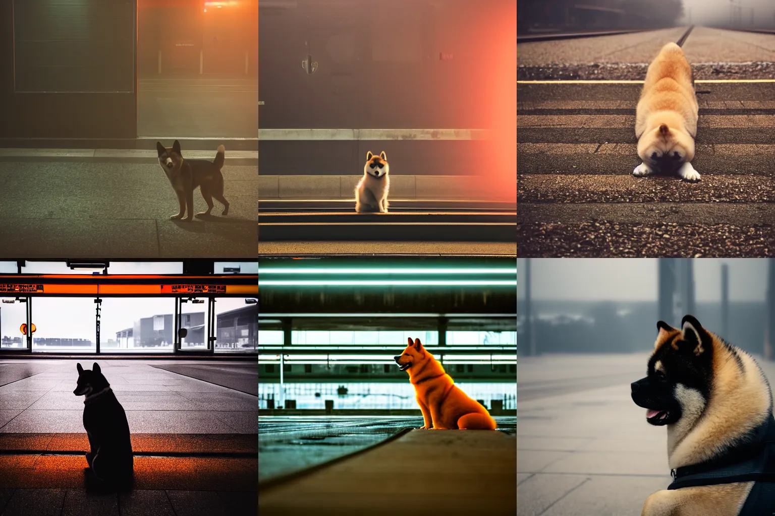 Prompt: high detail 35mm photo of a akita inu dog waiting alone at an empty train station, orange glowing fog, desolate, atmospheric, hazy, 8k, reflections