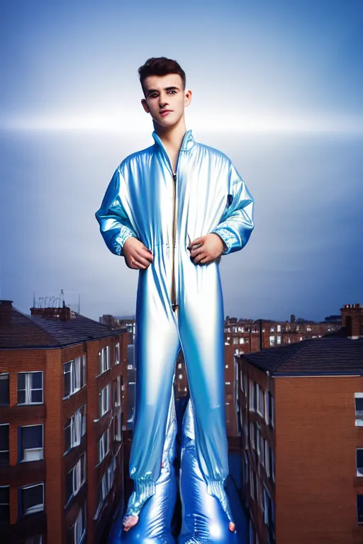 Image similar to un ultra high definition studio quality photographic art portrait of a young man standing on the rooftop of a british apartment building wearing soft baggy inflatable padded iridescent pearlescent jumpsuit. three point light. extremely detailed. golden ratio, ray tracing, volumetric light, shallow depth of field. set dressed.