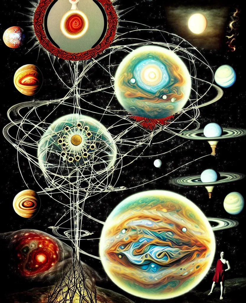 Image similar to whimsical uncanny creature alchemizes unique canto about'as above so below'being ignited by the spirit of haeckel and robert fludd, breakthrough is iminent, glory be to the magic within, to honor jupiter, surreal collage by ronny khalil