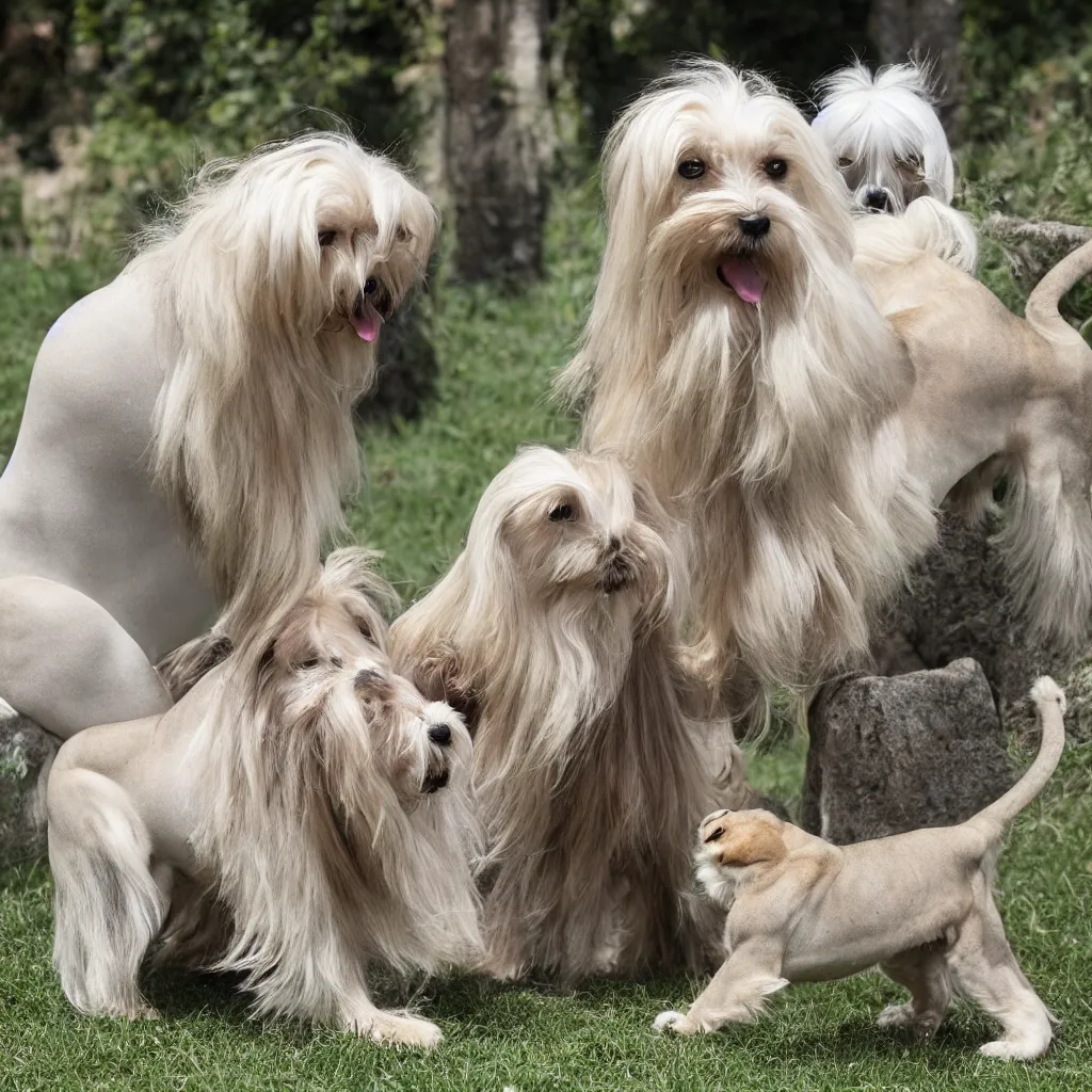 Prompt: a maltese terrier protects princess from lions, realistic, clean,