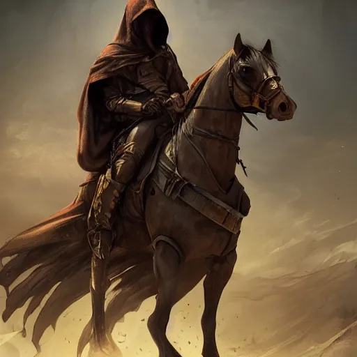 Image similar to epic portrait an hooded man riding a horse in a middle of an battlefield, explosions, dust, dirt, digital painting, artstation, concept art, soft light, hdri, smooth, sharp focus, illustration, fantasy, intricate, elegant, highly detailed, D&D, matte painting, in the style of Greg Rutkowski and Alphonse Mucha and artemisia, 8k, highly detailed, jurgens, rutkowski, bouguereau, pastoral, rustic, georgic, detailed concept art, illustration, colorful pastel, painting, detail, ultra detailed, digital art, 4K,