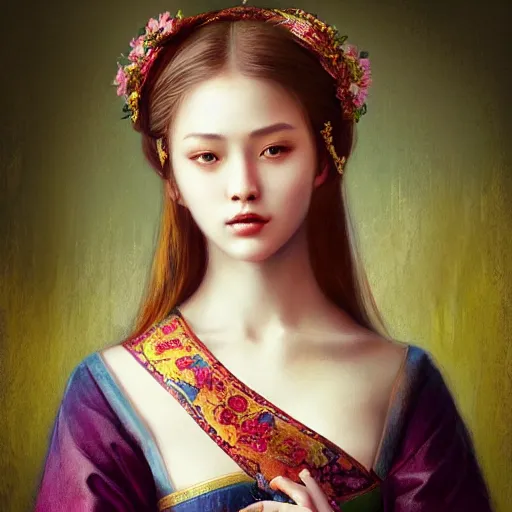 Prompt: of a very beautiful russian girl, full body portrait painting, wearing acient chinese clothes, soft vibrant colors, realistic, ultra detail, by wlop and ross tran and leonardo da vinci