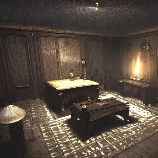 Prompt: room of a dark mansion, objects from ritual in the ground, unreal engine