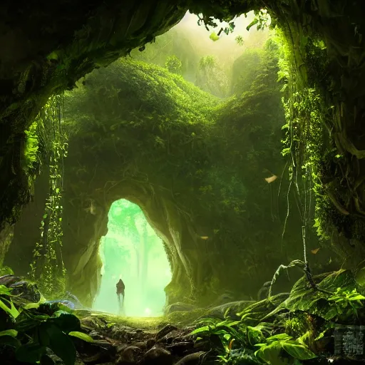 Image similar to looking into lush cave entrance with glowing emeralds and vines hanging from the ceiling, mythical ambience, sharp focus, cinematic light, cgsociety, highly detailed