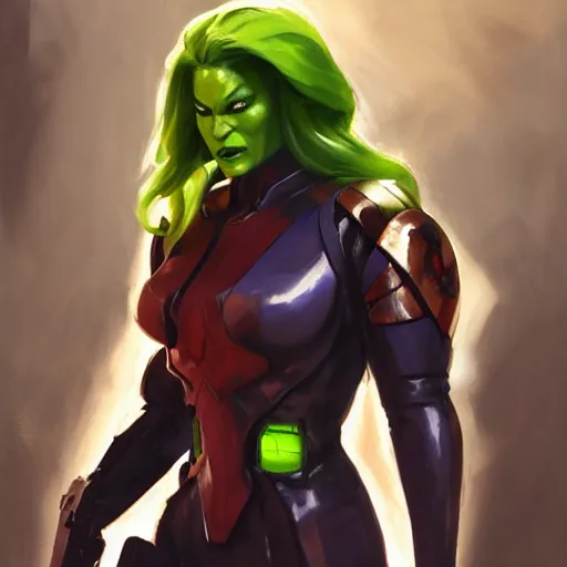 Image similar to greg manchess portrait painting of armored gamora as overwatch character, medium shot, asymmetrical, profile picture, organic painting, sunny day, matte painting, bold shapes, hard edges, street art, trending on artstation, by huang guangjian and gil elvgren and sachin teng