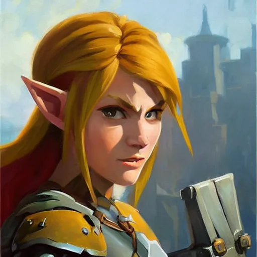 Image similar to greg manchess portrait painting of partially armored female link from legend of zelda as overwatch character, medium shot, asymmetrical, profile picture, organic painting, sunny day, matte painting, bold shapes, hard edges, street art, trending on artstation, by huang guangjian and gil elvgren and sachin teng