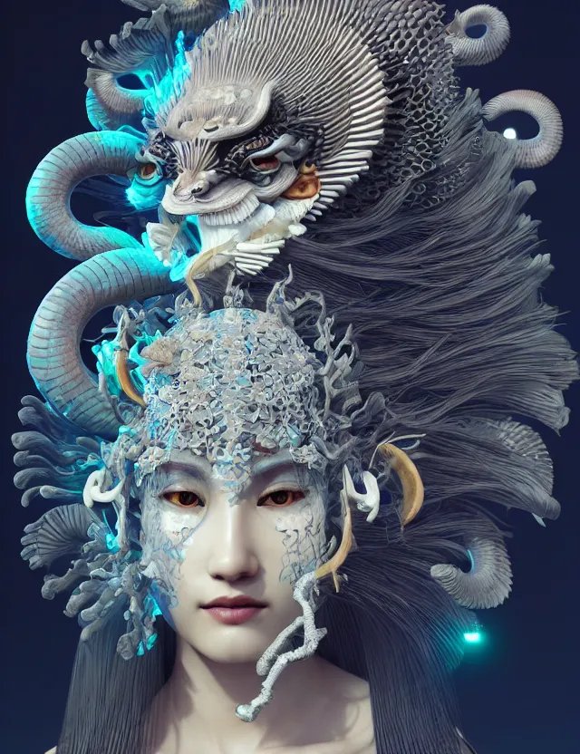 Image similar to 3 d goddess close - up frontal portrait with ram skull. beautiful intricately detailed japanese crow kitsune mask and clasical japanese kimono. betta fish, jellyfish phoenix, bio luminescent, plasma, ice, water, wind, creature, artwork by tooth wu and wlop and beeple and greg rutkowski