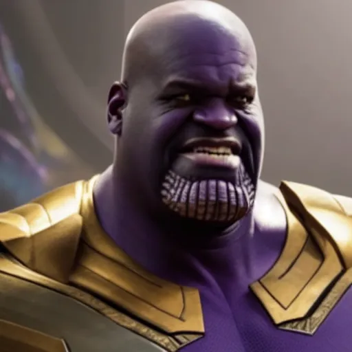 Prompt: Film still of Shaquille O'Neal as Thanos, from Marvel Avengers