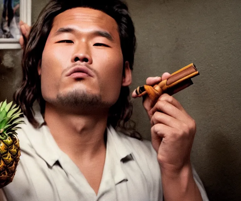 Image similar to hyperralism pineapple express movie still photography of detailed north korean kim chen with detailed face smoking weed in basement bedroom