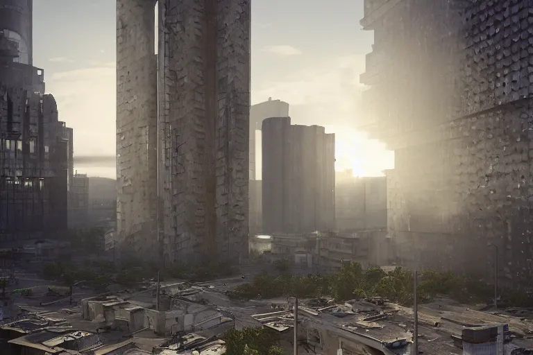 Image similar to streetscape, a towering cathedral of brutalist architecture, buildings covered with greebles, stunning volumetric light, sunset, metal, concrete and translucent material, stunning skies, majestic landscape, trending on Artstation, 8k, photorealistic, hyper detailed, unreal engine 5, IMAX quality, cinematic, epic lighting, in the style of Greg Rutkowski