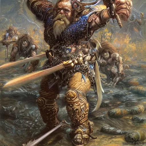 Image similar to art by donato giancola and bayard wu and gustav moreau and wayne barlowe, a fantasy cinematic shot of a dwarf berserker, fighting, warhammer, dnd, fighting monsters, octane render, hyperreal,