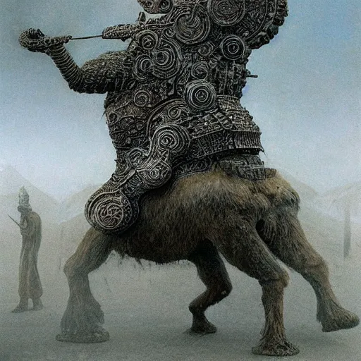 Image similar to ancient norse mammoth rider, wearing norse armor, intricated, hyper detailed, beksinski