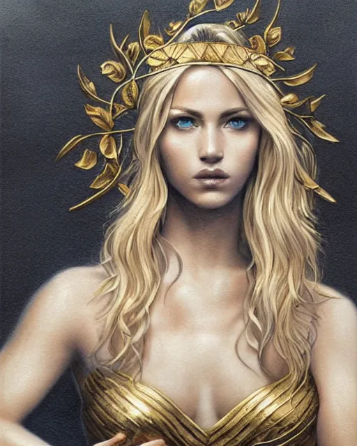 Image similar to tattoo sketch of hot blonde super model as aphrodite greek goddess wearing a gold laurel wreath and triangle earrings, beautiful piercing gaze with sharp pupils, in the style of greg rutkowski, fantasy, amazing detail, epic, elegant, smooth, sharp focus, front view