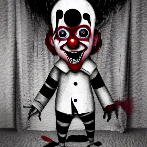 Image similar to distorted clown with bloody eyeballs, scary stories to tell at night