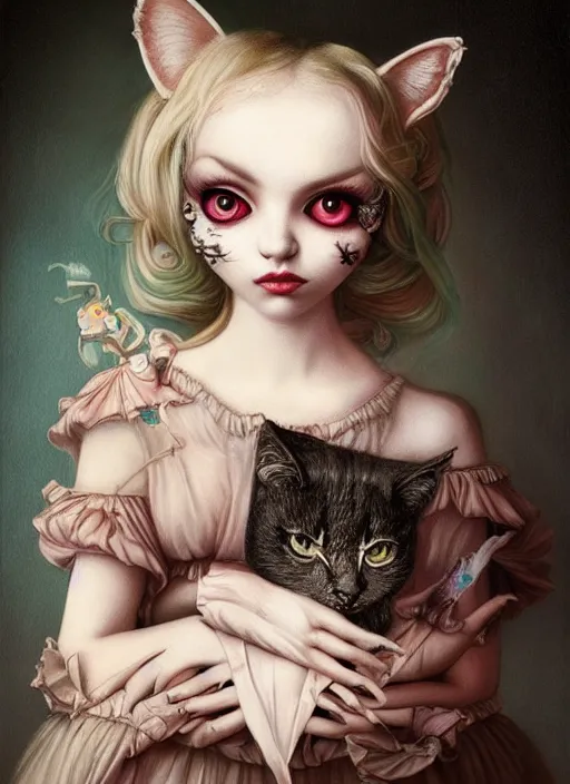 Prompt: pop surrealism, lowbrow art, realistic cute alice girl painting, holding a cat, hyper realism, muted colours, rococo, natalie shau, loreta lux, tom bagshaw, mark ryden, trevor brown style,