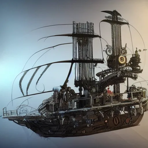 Image similar to future cybernetic steampunk pirate ship with robotic arms concept art