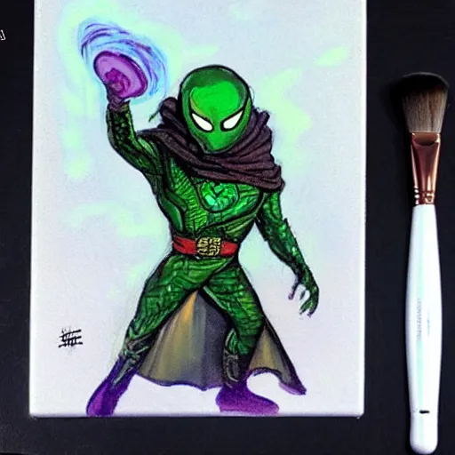 Prompt: Mysterio holding brush, artwork by Bob Ross,