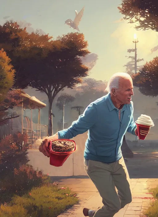 Image similar to highly detailed image of joe biden running to an ice cream truck, in gta v, stephen bliss, unreal engine, fantasy art by greg rutkowski, loish, rhads, ferdinand knab, makoto shinkai and lois van baarle, ilya kuvshinov, rossdraws, tom bagshaw, global illumination, radiant light, detailed and intricate environment