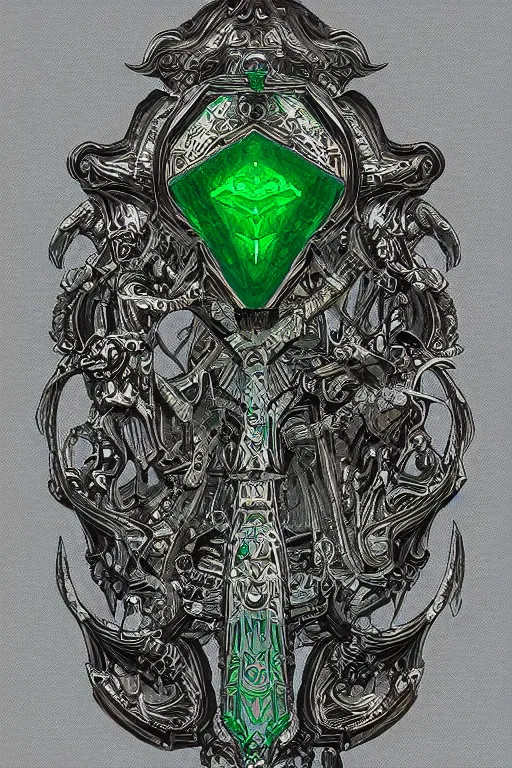 Image similar to an ancient white bone and emerald gemstone relic, intricate engraving, concept art style