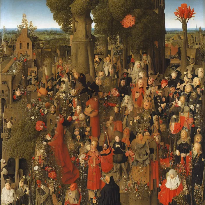 Prompt: a group of cloaked figures surround a bird on top of flowers, by Jan van Eyck