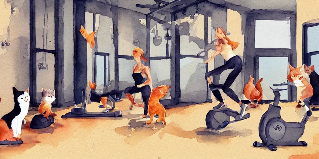 Image similar to watercolor illustration style, cute cats training in the fitness studio environment