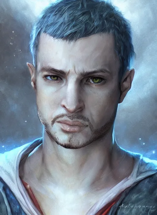 Image similar to number 2 haircut short hair and stubble hunter, dndbeyond, bright, colourful, realistic, dnd character portrait, full body, pathfinder, pinterest, art by ralph horsley, dnd, rpg, lotr game design fanart by concept art, behance hd, artstation, deviantart, global illumination radiating a glowing aura global illumination ray tracing hdr render in unreal engine 5