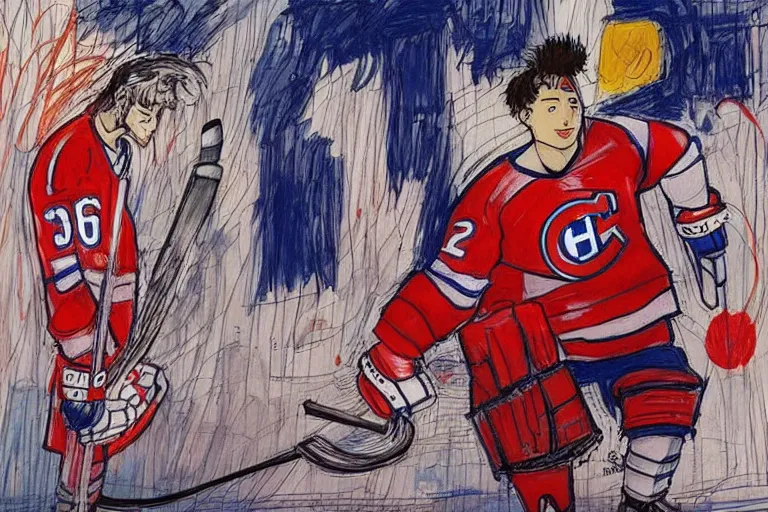 Image similar to habs hockey dressing room, style of studio ghibli + moebius + basquiat, cute,