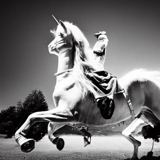 Image similar to jack nicholson riding a unicorn, gritty black and white photography, wide angle, 28mm