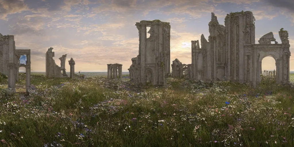 Prompt: recursive seaside cathedral ruins made of glass and mirrors and chrome, within a wildflower meadow at dawn, infinite regress, droste effect, in the style of alma tadema, hyperrealist, c4d