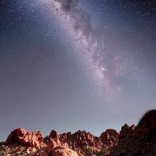 Prompt: a hyper realistic photograph of the milky way galaxy shining from above a rock canyon, award winning