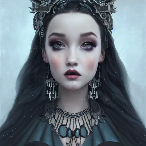 Image similar to tom bagshaw portrait, beautiful asian mix of dove cameron madison beer bella poarch in a full dress, gothic makeup, professionally retouched, focus eyes, ultra realistic soft painting, insanely detailed linework, symmetrical accurate intricate features, behance, 8 k