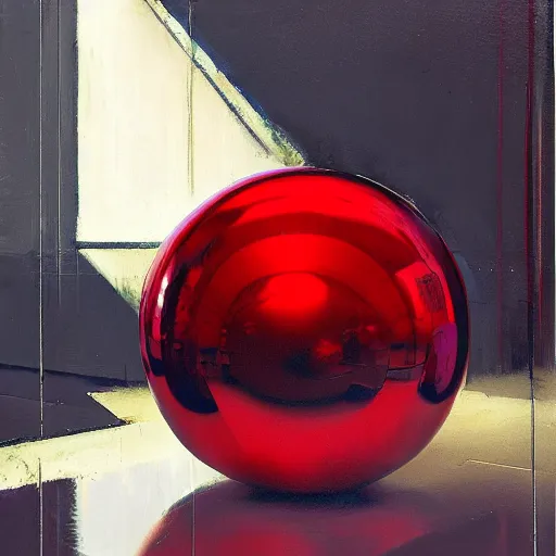 Prompt: chrome spheres on a red cube by adrian ghenie