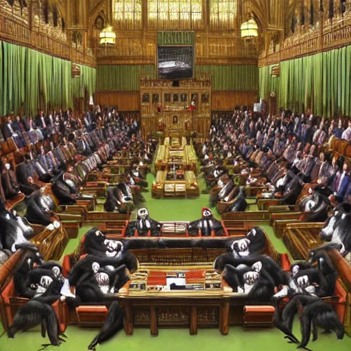 Image similar to a realistic painting of the british house of commons filled with chimpanzees arguing