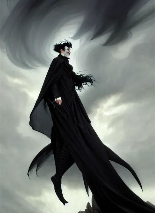 Prompt: goth tall man with wind swept black hair wearing a long flowing black cape , intricate, elegant, highly detailed, digital painting, artstation, concept art, smooth, sharp focus, illustration, art by artgerm and greg rutkowski and alphonse mucha and francisco goya