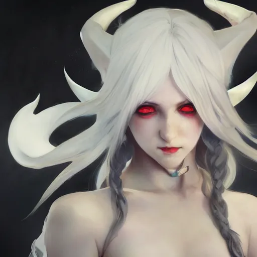 Image similar to a beautiful anime girl wtih demon horns and bat wings,white hair,full body painting,by Greg Rutkowski and Ilya Kuvshinov and Alphonse Maria Mucha and Hiroshi Yoshida,super clear details,hyper realistic,trending on artstation,8k