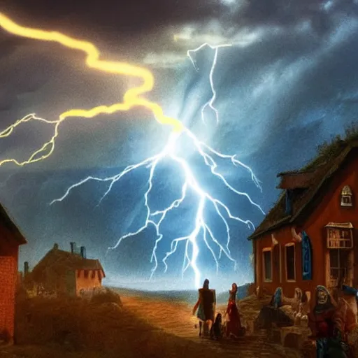 Image similar to a sky god casting lightning down upon a village